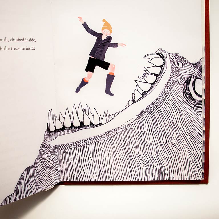 An illustration of a boy jumping into a monsters mouth.