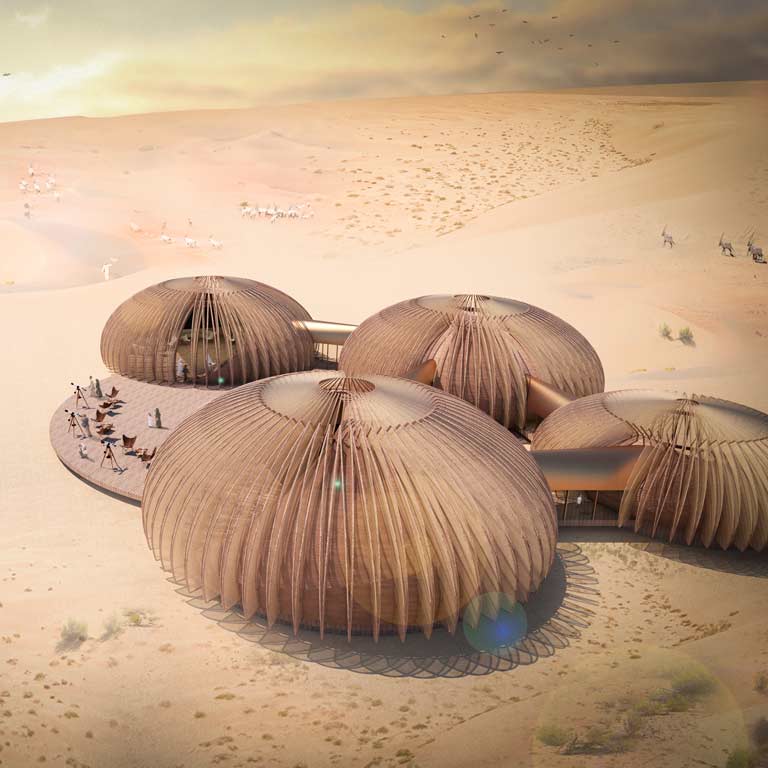 An architectural rendering of a pod-shaped building in the desert.