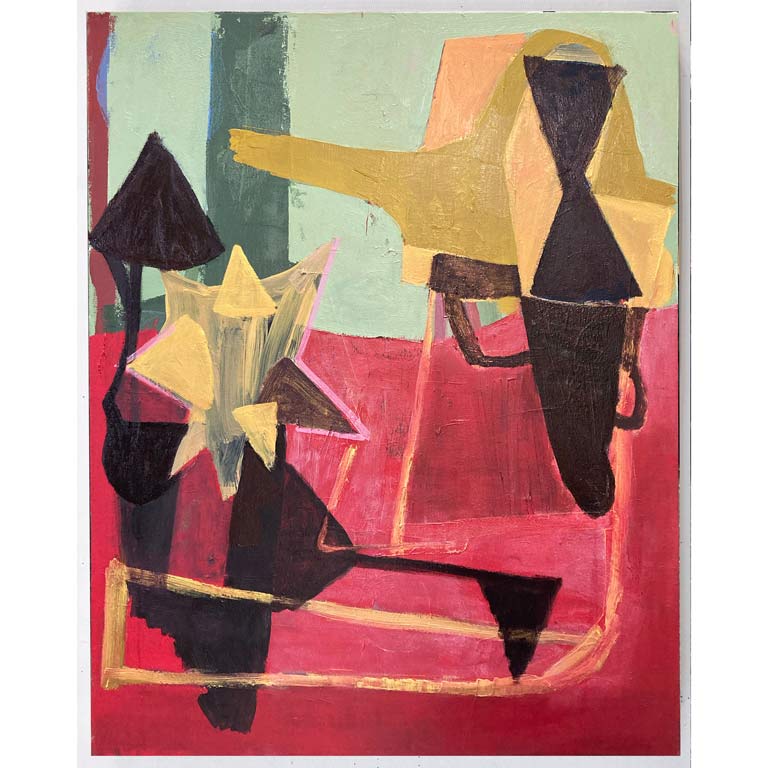 A painting that uses geometric shapes in shades of red, green, and yellow. 