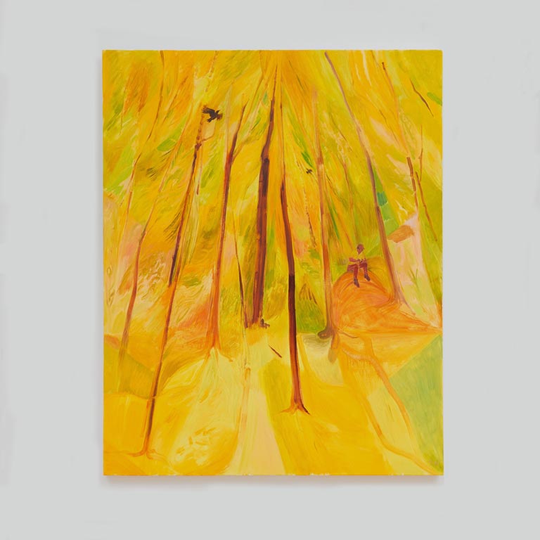 A painting of a forest using only shades of yellow. 