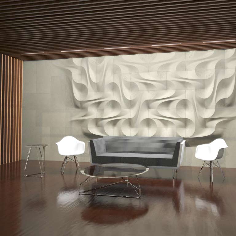 A rendering of an interior space with a couch, coffee table, and two chairs. 