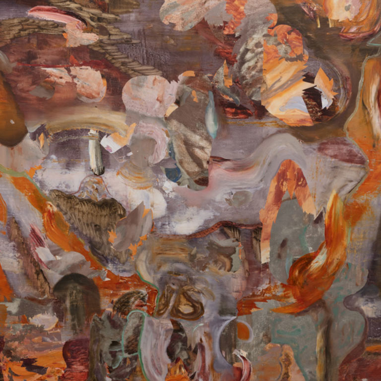 A painting using abstract strokes in shades of orange and brown.