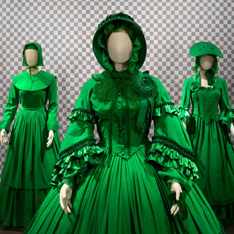Model forms dressed in bright green dresses against a grey and white checkered background. 