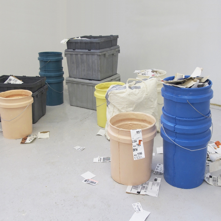 Artwork containing buckets and containers.