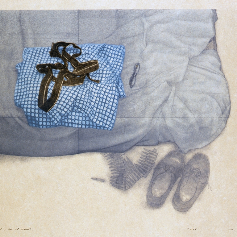 Artwork of clothing on a bed.
