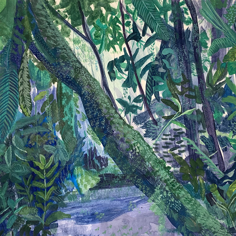 A painting of greenery in a forest.