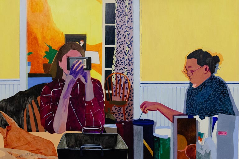 A painting of two people at a table, one seeming taking a photo of the painter with their phone.