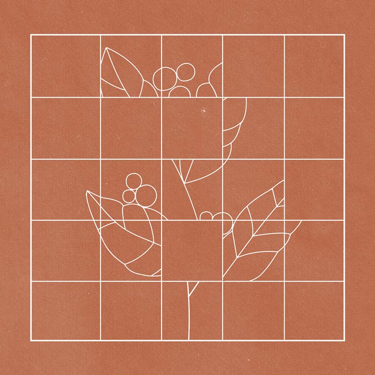 A dusty orange artwork with a gridded image of a leaf abstracted across squares. 