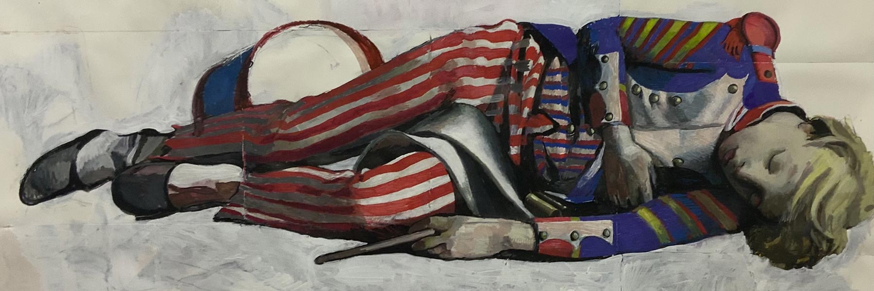 A painting of a young boy wearing a period military uniform, lying on his side holding a drumstick. A small drum rests behind him.