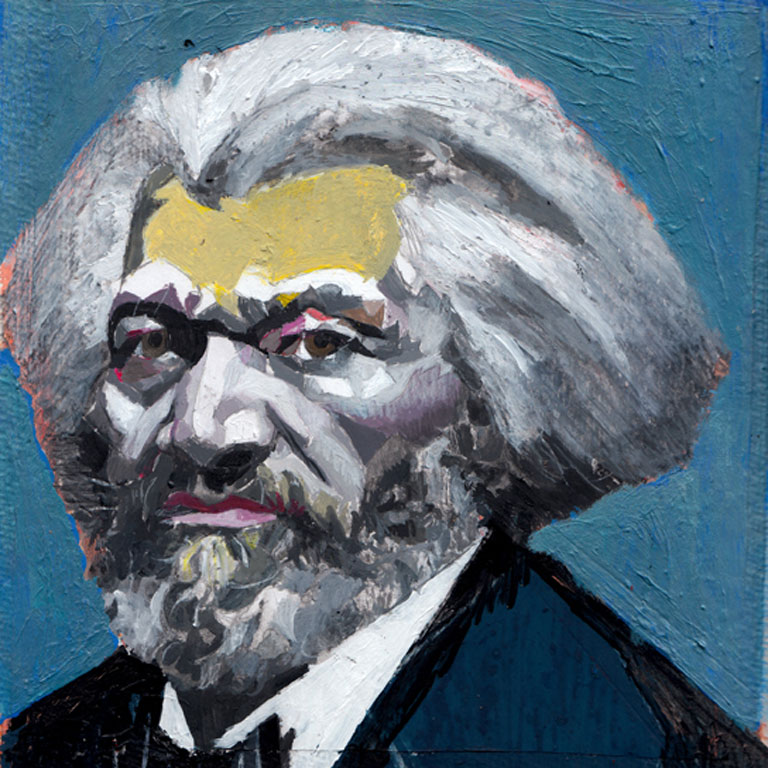 A geometric and colorful painting of Frederick Douglass.