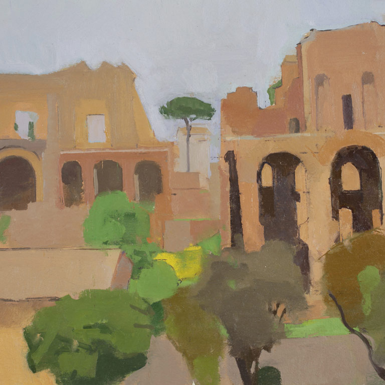 A painting of an architectural outdoor scene using shades of green and brown.