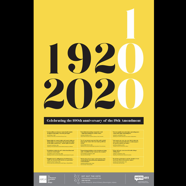 A poster in yellow, black, and white, with the numbers 1, 1920, and 2020 to celebrate the 100th anniversary of the 19th amendment. 