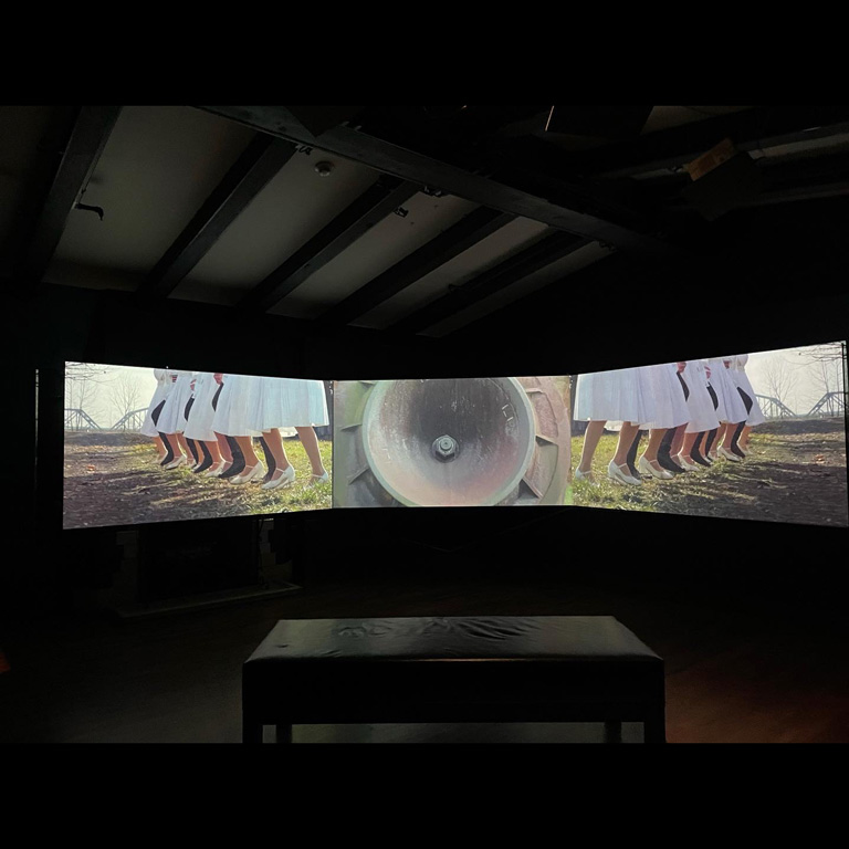 A digital video artwork on display in a museum gallery. 