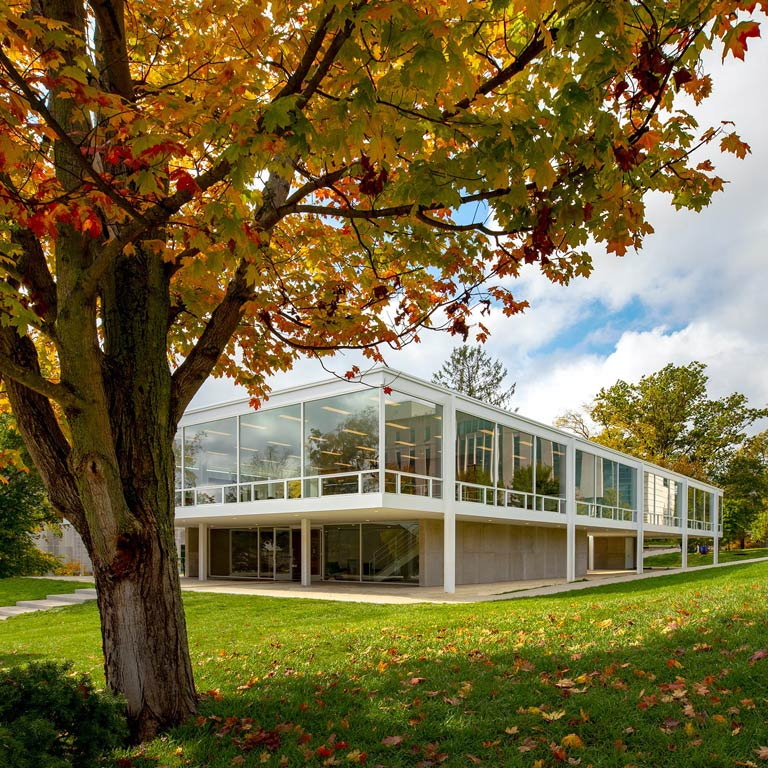 A photo of the Mies van der Rohe building exterior in fall. 