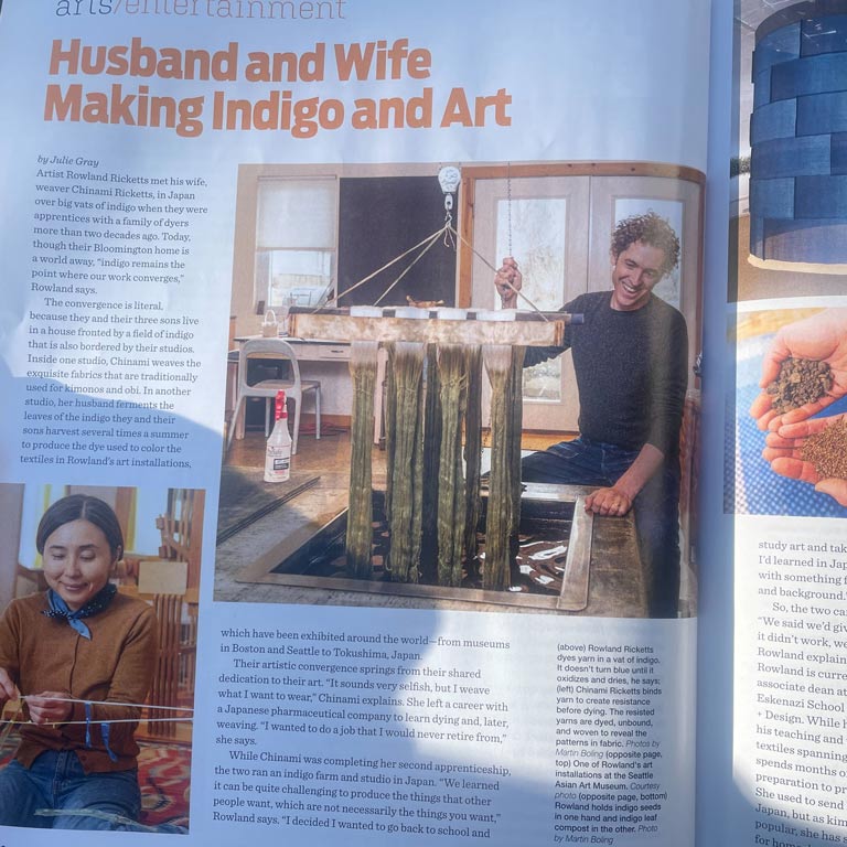 A magazine spread featuring two indigo dyers and weavers. 
