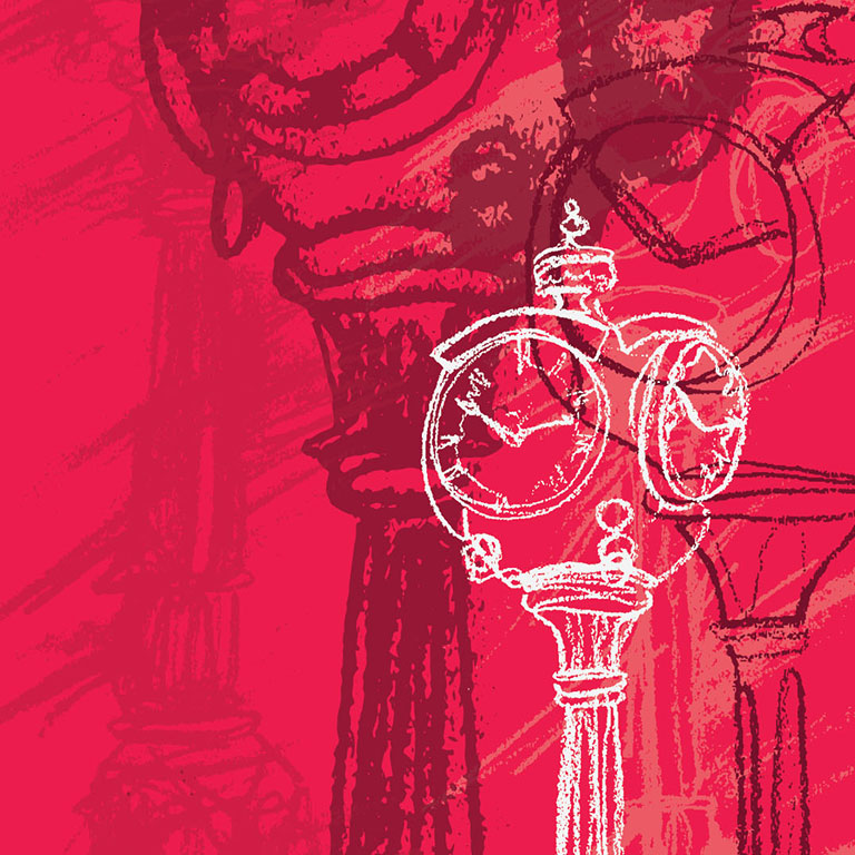 A drawing of an IU outdoor clock on a red background